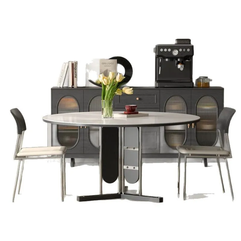 

Italian high-end solid wood rock slab dining table round with turntable household new medieval matte rock slab round table