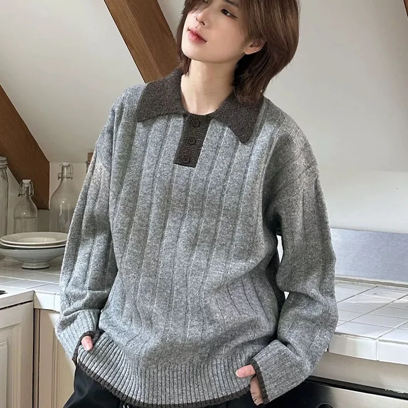 2025 خريف/شتاء جديد 100% سترة صوف نقية المرأة عادية محبوك طوق البلوز فضفاض موضة للجنسين سترة #2