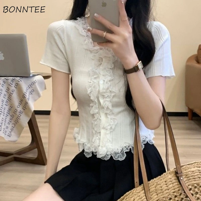 

Lace Knitted T-shirts Women Short Sleeve Single Breasted Korean Style Slim Fit Sweet Summer Temperament Casual Prevalent Hot