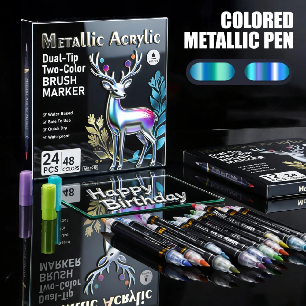 12/24/48 Color Metallic Water-Based Paint Pens Dual-Ended Dual-Color Soft Tip Markers Set Student Coloring Painting Art Supplies