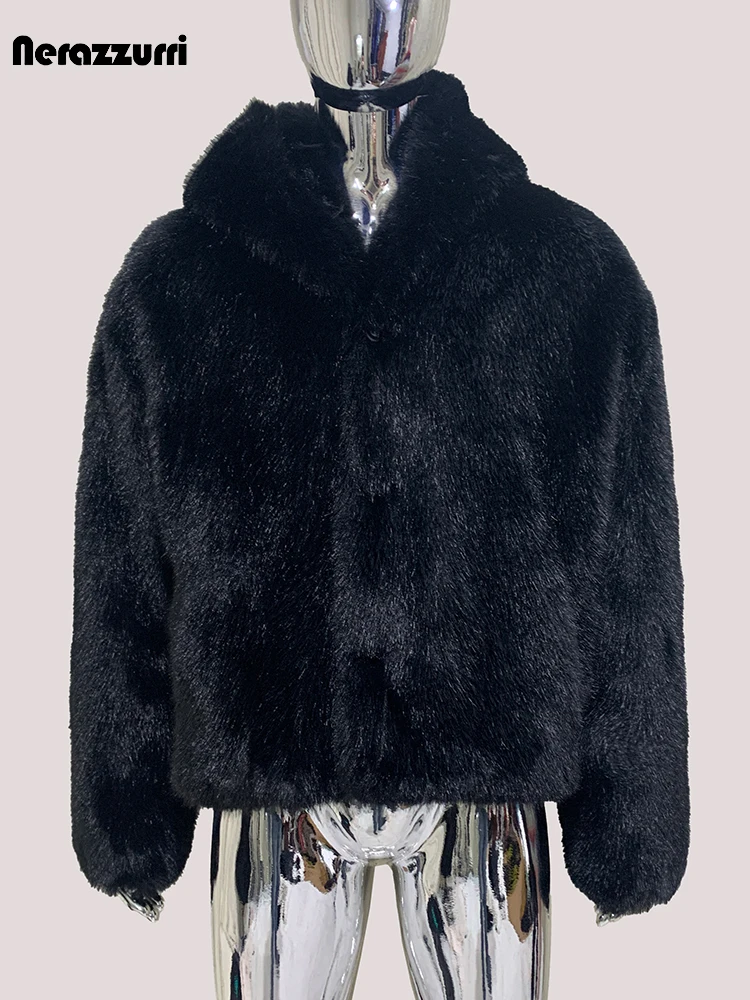 เสื้อโค้ทขนเฟอร์เทียมฟ็อกซ์สีดำหนานุ่ม อุ่นสบาย ทรงโอเวอร์ไซส์ แขนยาว มีฮู้ด สำหรับผู้ชาย แบรนด์เนราซูรี รุ่นวินเทอร์