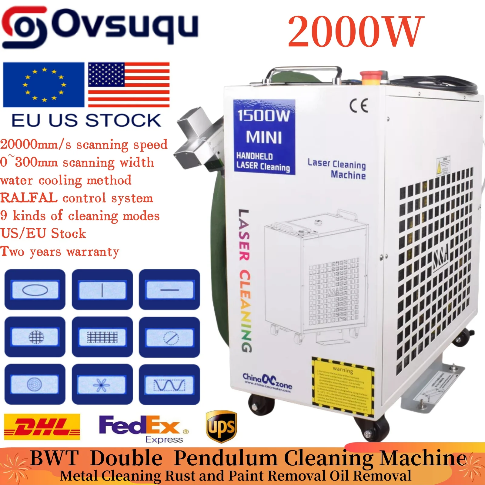 BWT 2000W/1500W Doppelpendel wassergekühlte Faserlaser-Rostentfernungs-, Farb- und Ölentfernungsreinigungsmaschine für die Fabrik