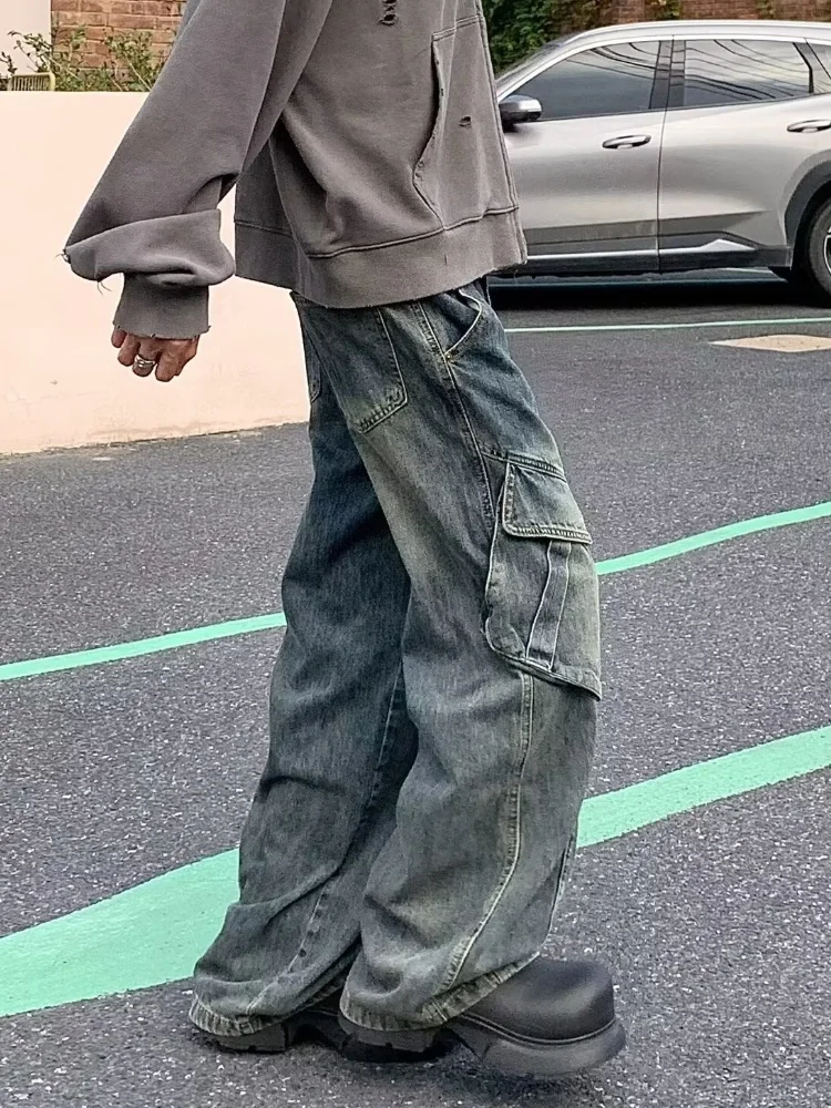 2025 Trashy Y2K Streetwear Vintage Blau Baggy Cargo Jeans Hosen Für Männer Kleidung Gerade Distressed Lose Casual Denim Hosen – Detail 7
