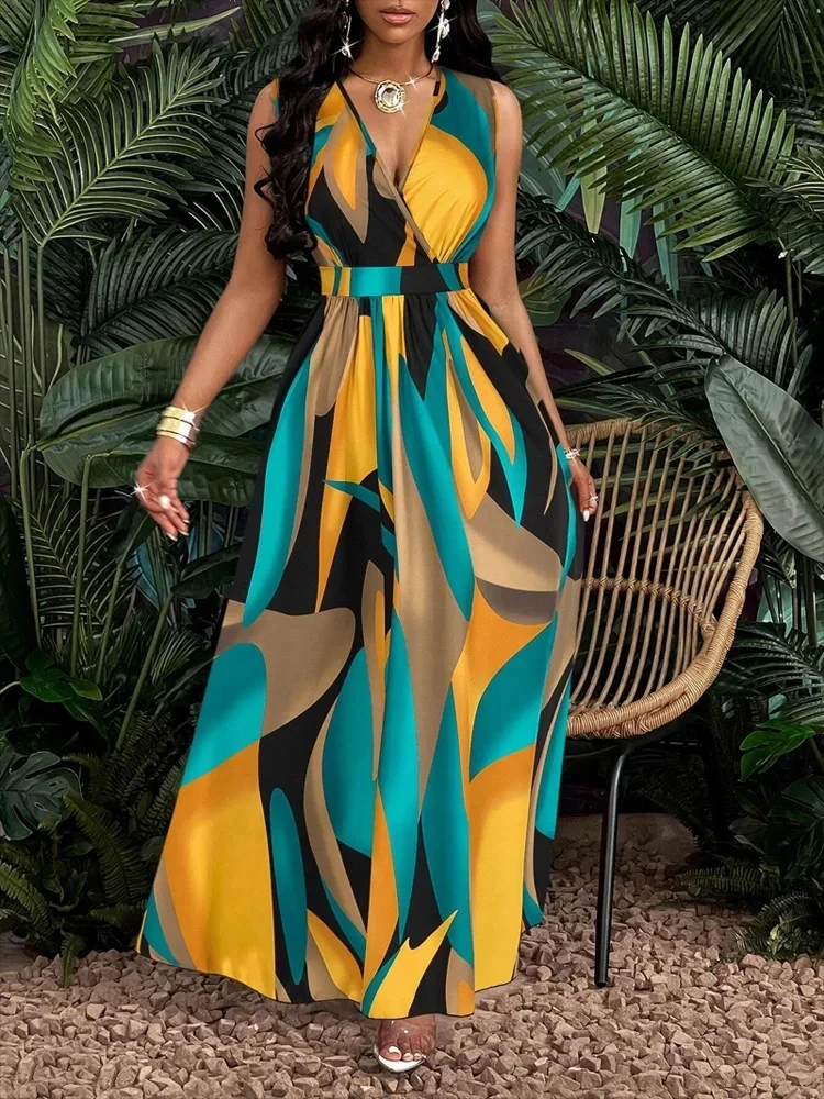 

Women's sleeveless V-neck floor-length dress with abstract prints fashionable for beach and casual occasionsPrinted stripes