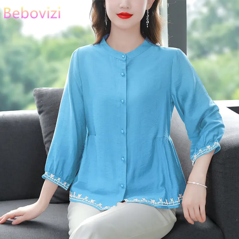 

5 Color Summer New Casual Blouse Cotton Linen Embroidery Top Shirt for Women's Clothing