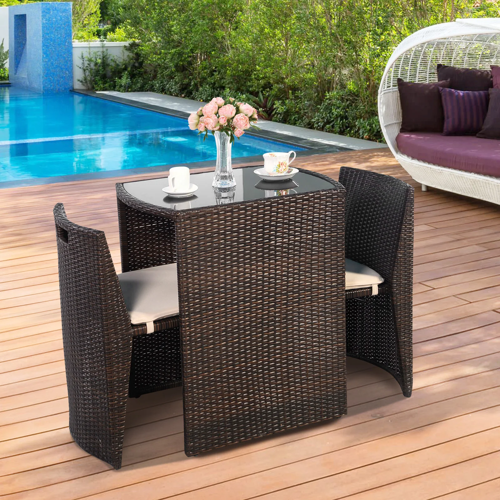3 pcs Cushioned Outdoor Wicker Patio Set Garden Lawn Sofa Furniture Seat No Assembly