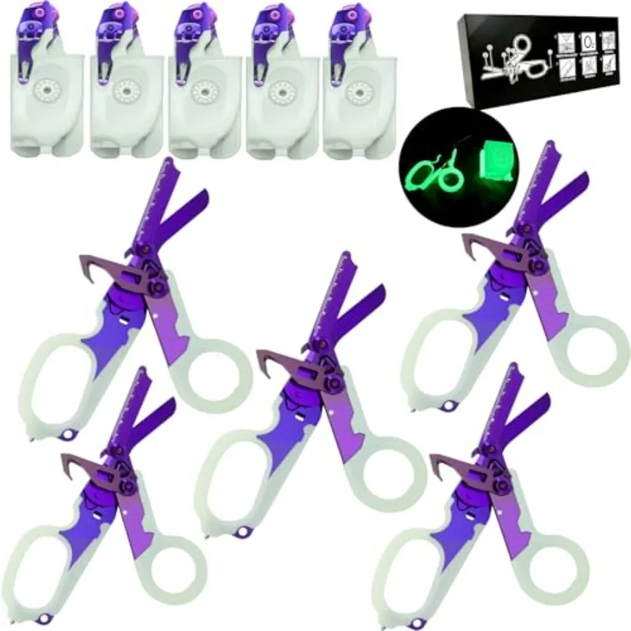 

5PCS 6 in 1 Multi-function Trauma Shears with Strap Cutter and Glass Breaker with Luminous Holster Luminous Purple