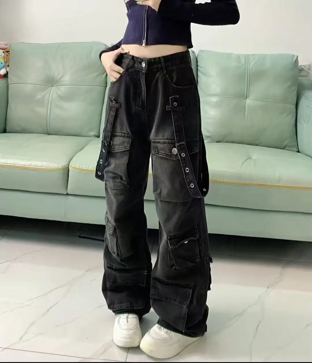 High Street Office Lady Black Flare Jeans Slim Bell Bottoms  Fashion Denim Trousers Multiple Pockets 2000s American Retro