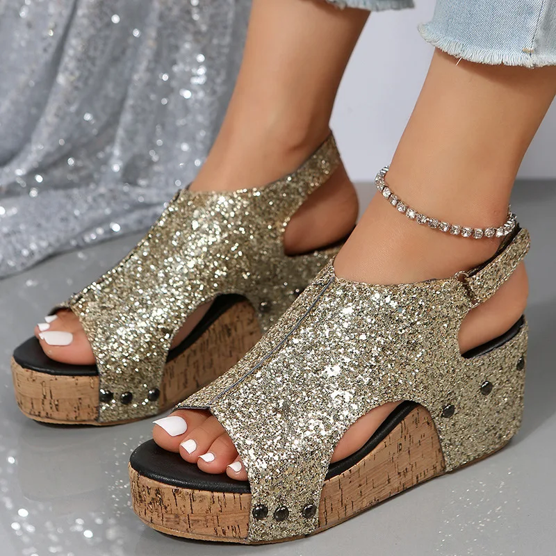 New Large Size 36-43 Wedge Heel Sandals for Women Sequin Thick Bottom Hollow Summer Sandals Fashion Open-toe Cool Roman Shoes