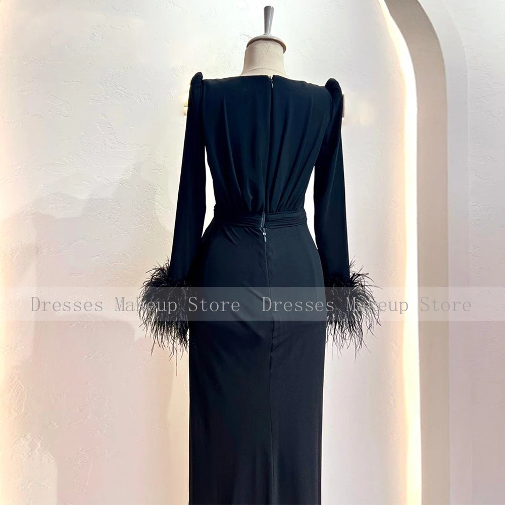 Sky Blue Evening Dress Long Sleeves Feather V Neck Sheath/Column Women\'s Gowns 2023 Pleat Formal Party for Wedding