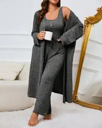 Elegant 3 Piece Set for Women Autumn Knitted Camisole Top High Waisted Drawstring Pants Paired with Long Jacket Home Pants Set