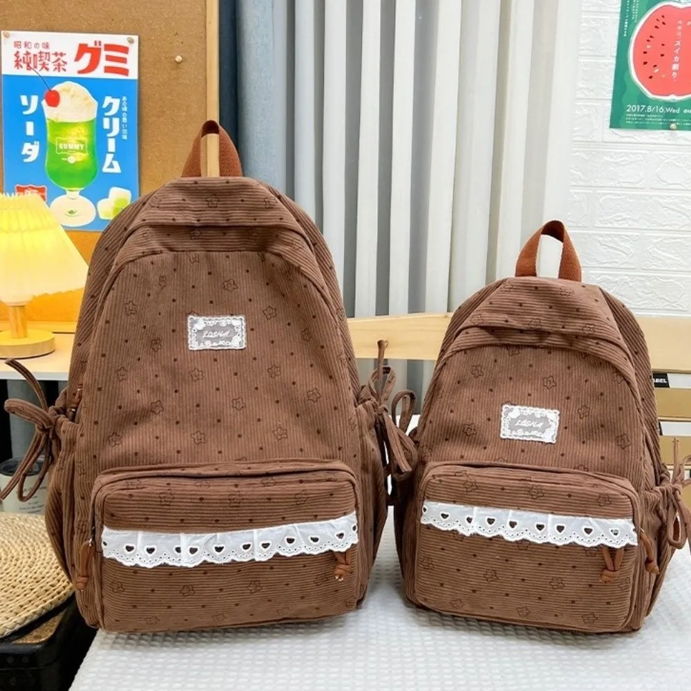 Corduroy Material Corduroy Backpack Polka Dot Print Aesthetic Design School Backpack Korean Style Kawaii Style