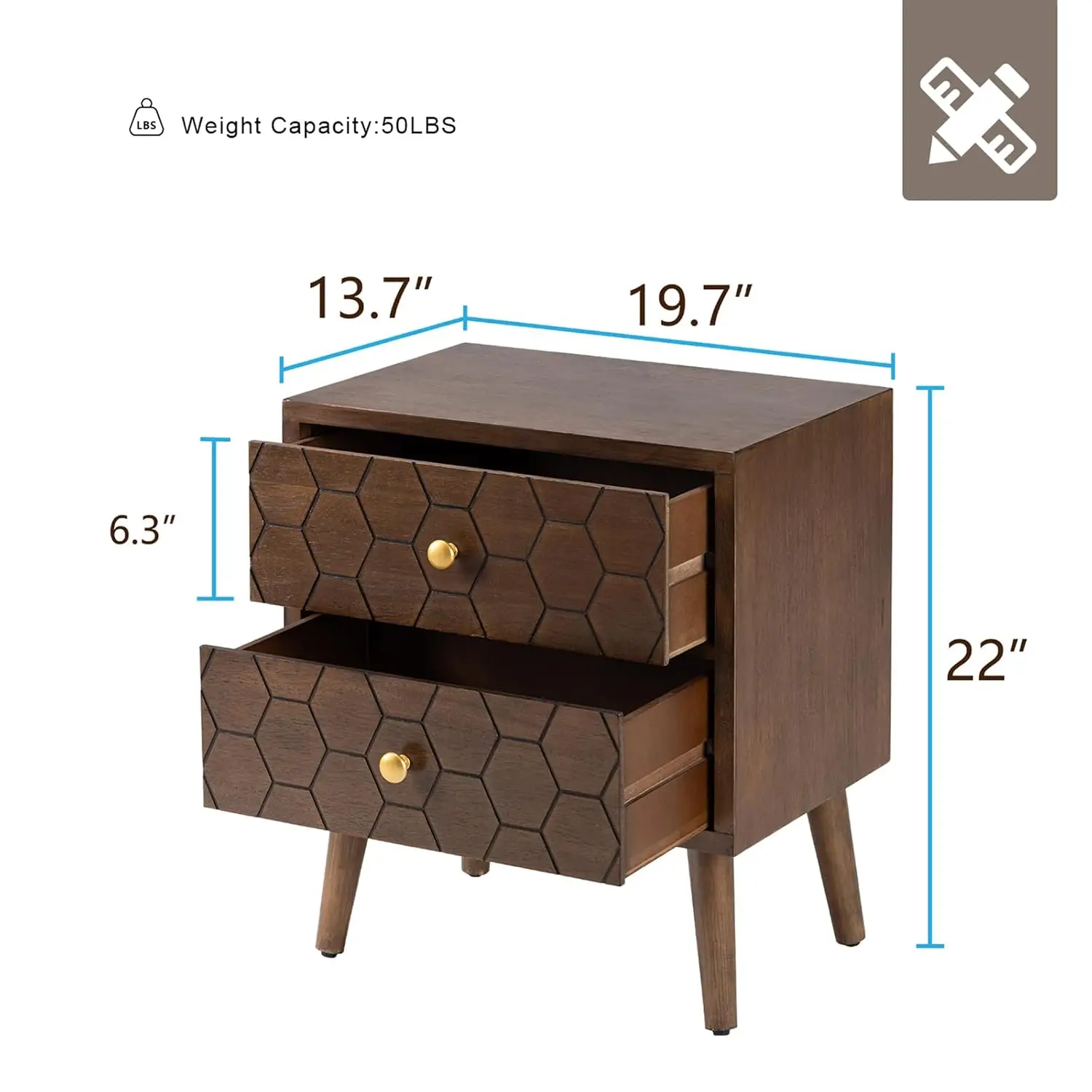 Wood Nightstand Set of 2 with Drawers Honeycomb Pattern Small Dresser Bedside End Table Solid Wood Legs Bedroom Dorm, Customized