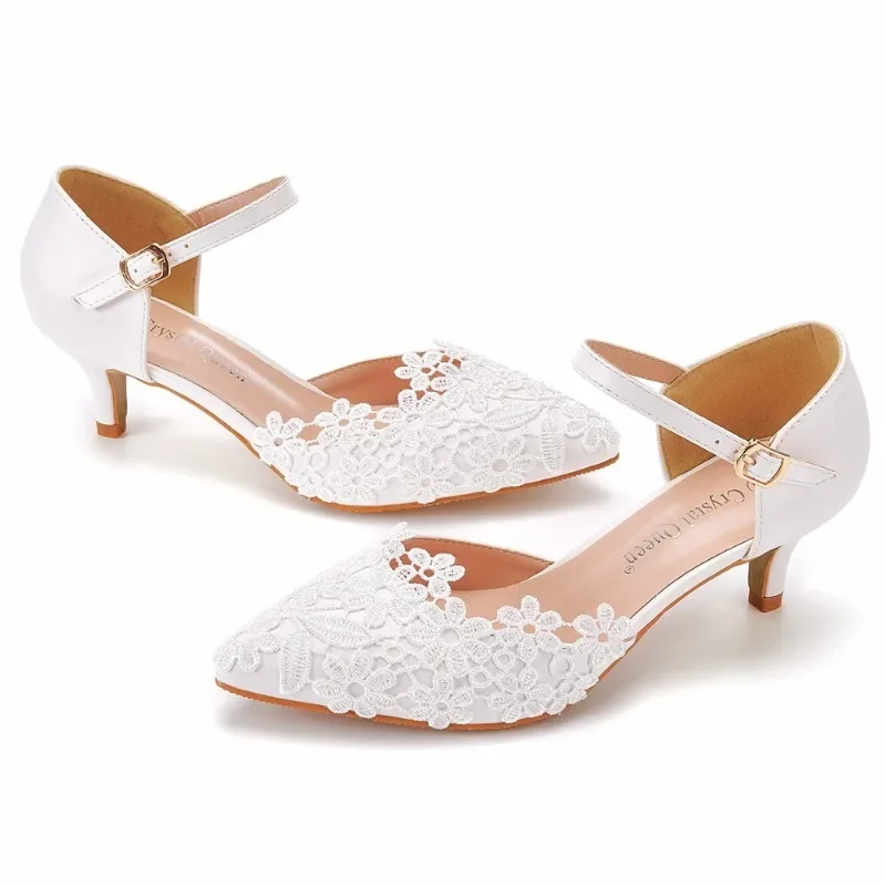 Pumps Women Heeled Sandals Wedding Lace Buckle Strap PU 5CM Thin Heels Japanese Style Women Party Prom Shoes White Stiletto