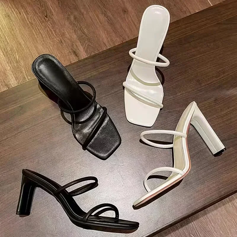 High Heel Slippers for Women 2025 New Women's Shoes Summer Square Head One line Cool Slippers Thick Heel Slippers