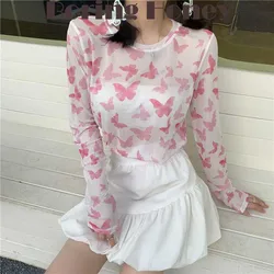 Boring Honey Fashion Women Blouses Retro Butterfly Base Sunscreen Shirt Long Sleeves T-Shirt Beach Outing Top Women Blouses