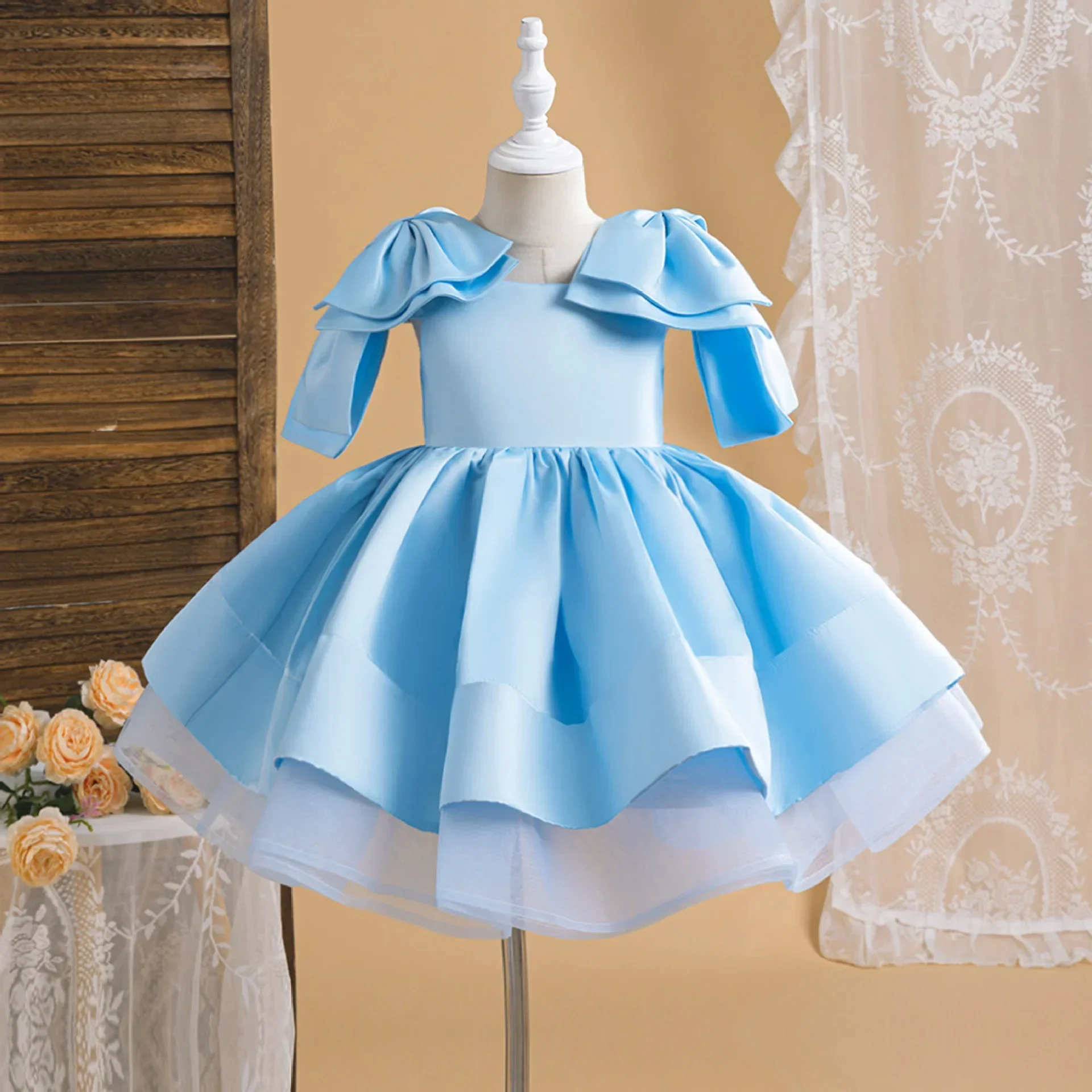 Luxury Girls Mesh Dress Blue Sleeves Elegant Girls' Evening Dress Summer Fashionable Sequin Princess 3-10 Y girls graduate Dress
