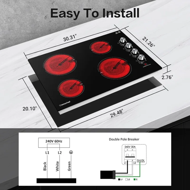 30 Inch Built-in Electric Cooktop,7000W and 4 Burners Cooktop ,Knob Control Levels & Hot Surface Indicator