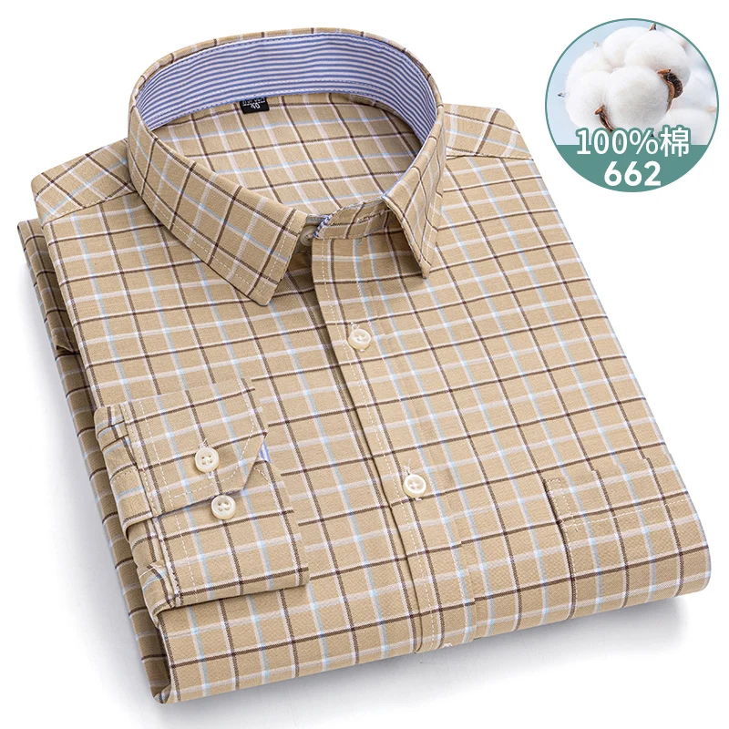 Camicia da uomo in puro cotone New Plaid primavera e autunno a maniche lunghe moda Casual Slim Youth Plaid antirughe senza ferro abbigliamento da uomo