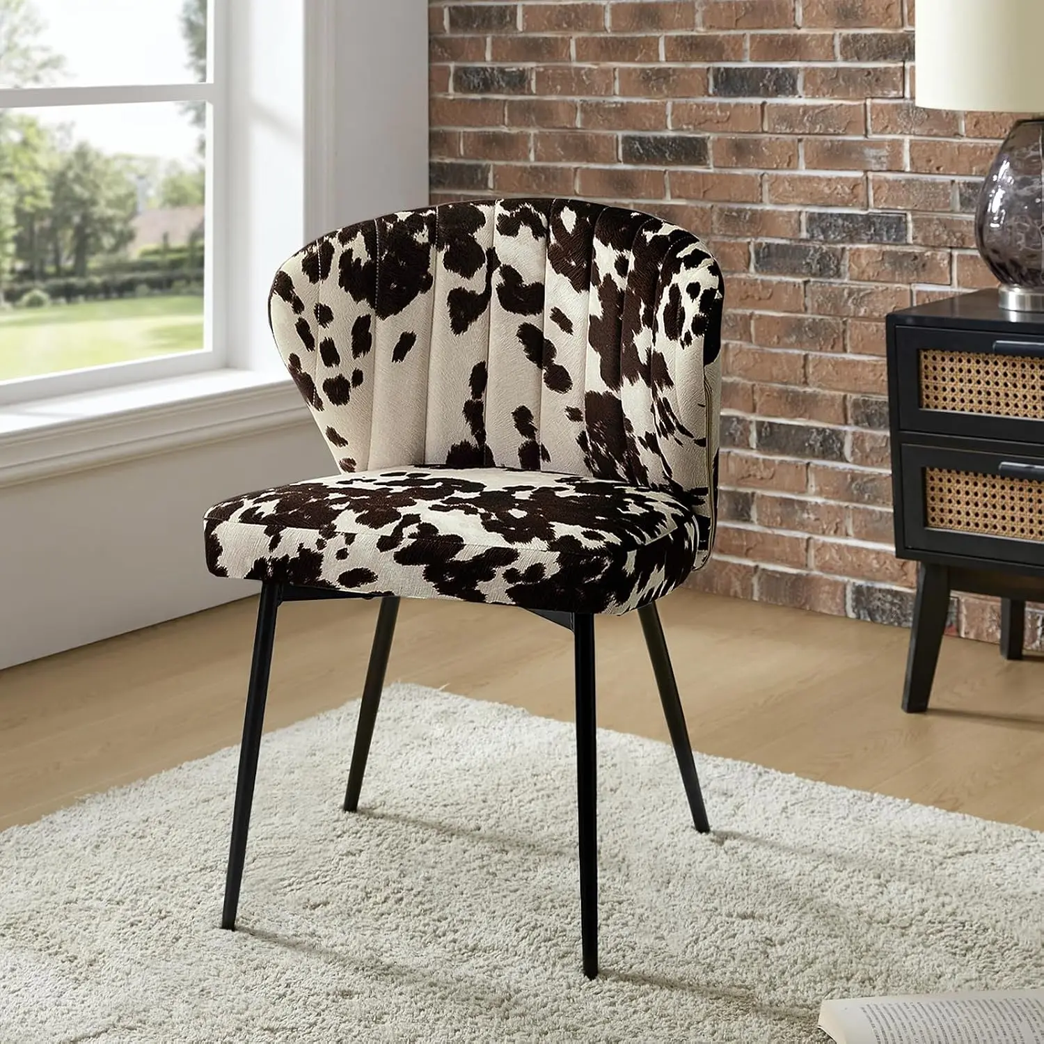 Modern Armless Dining Chair, Animal Print Cowhide, Upholstered Side Chair with Black Metal Legs, Tufted Back Vanity Chair