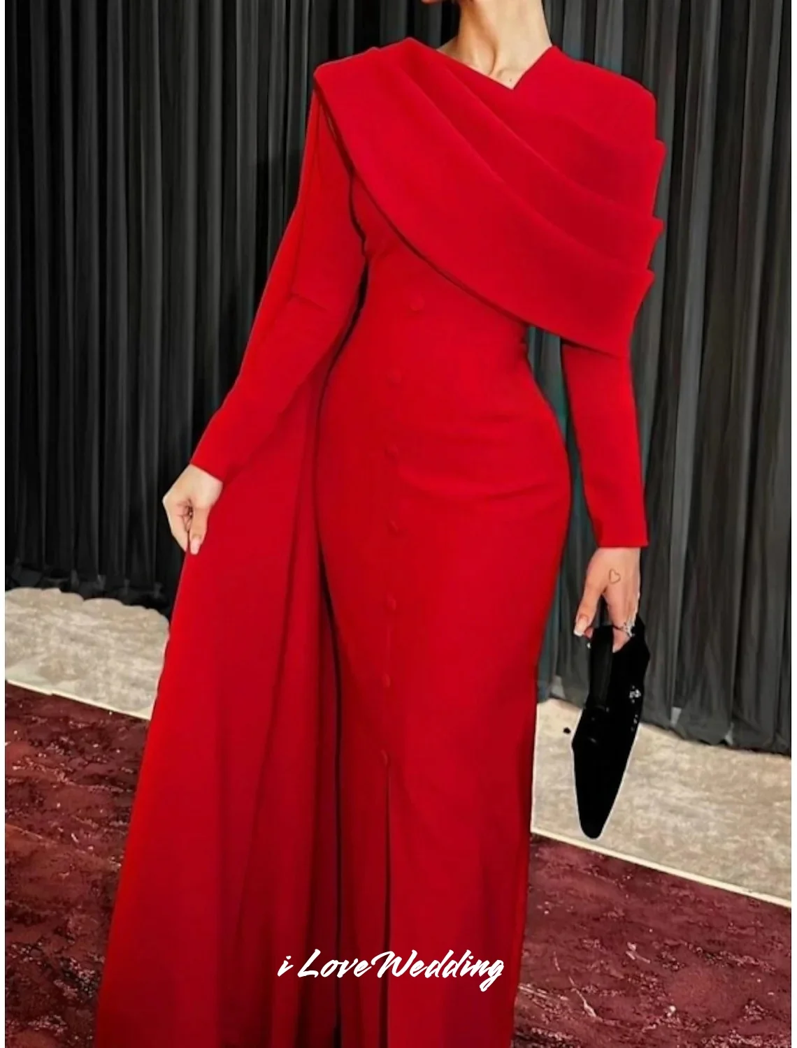 

Red V-Neck Evening Dresses 2025 Long Sleeve Mermaid Shawl Saudi Arabia Floor-Length Pleated Wedding Party Dresses Customized