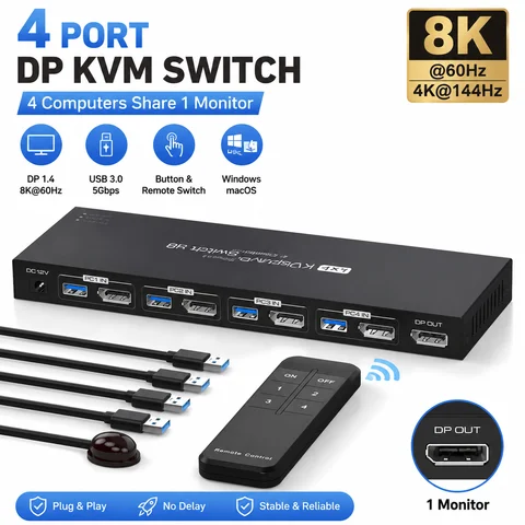 DP KVM Switch DP1.4 8K@60Hz 4 Computers 1 Monitor Supports HDCP2.3 USB 3.0 Device Sharing Computer Host Keyboard Mouse Monitor