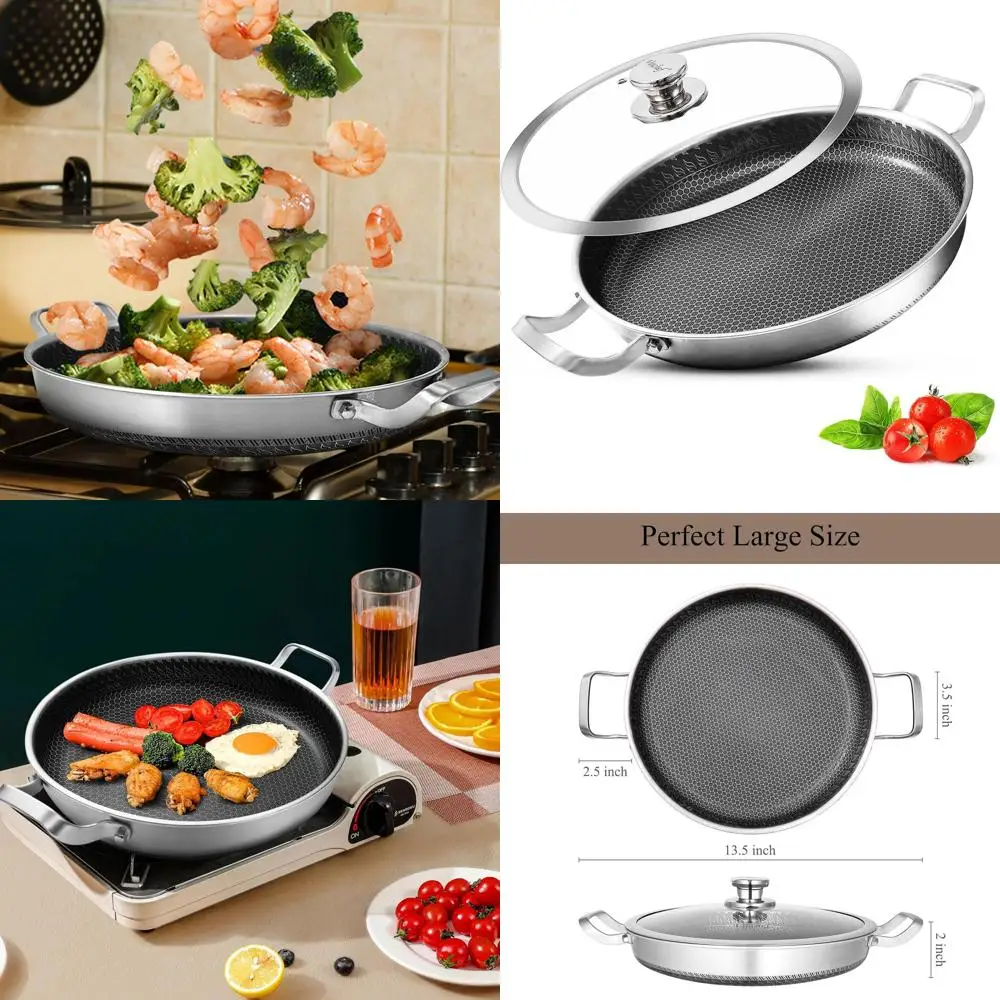 13 Sartén Paella de acero inoxidable con panal antiadherente y tapa, apto para horno y lavavajillas, compatible con todos los tipos de estufas
