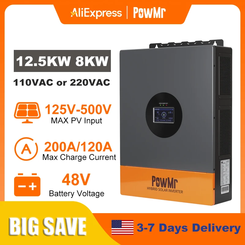 PowMr 12.5KW 8KW Split Phase Inverter 110V or 220V Hybrid Solar Inverter 48V Dual Output Off Grid Inverter with MPPT 200A 120A Solar Battery Charger Parallel Up to 6 Units view 2
