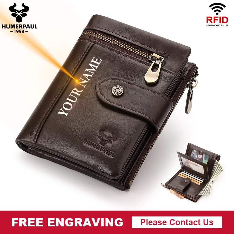 New Fashion Genuine Leather Women's Wallet Casual Quality Purse for Men Rfid Blocking Credit Card Holder with Zipper Coin Pocket