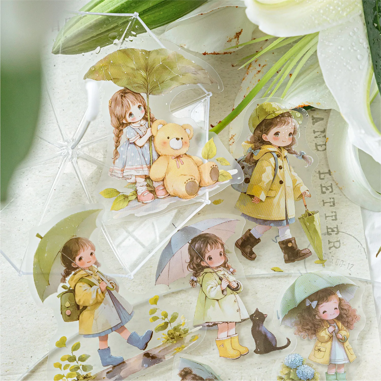 30pcs/1lot Kawaii Scrapbook Stickers Rainy season fairy tale Junk Journal Gold Planner Stationery Sticker Planner Decorative