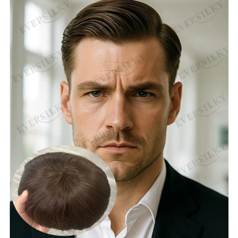

Долговечный парик-накладка для мужчин: прямые волосы/30 мм волны, черные, 100% натуральные человеческие волосы, монобаза, дышащая основа, естественная линия роста волос, шоколадно-коричневый цвет.