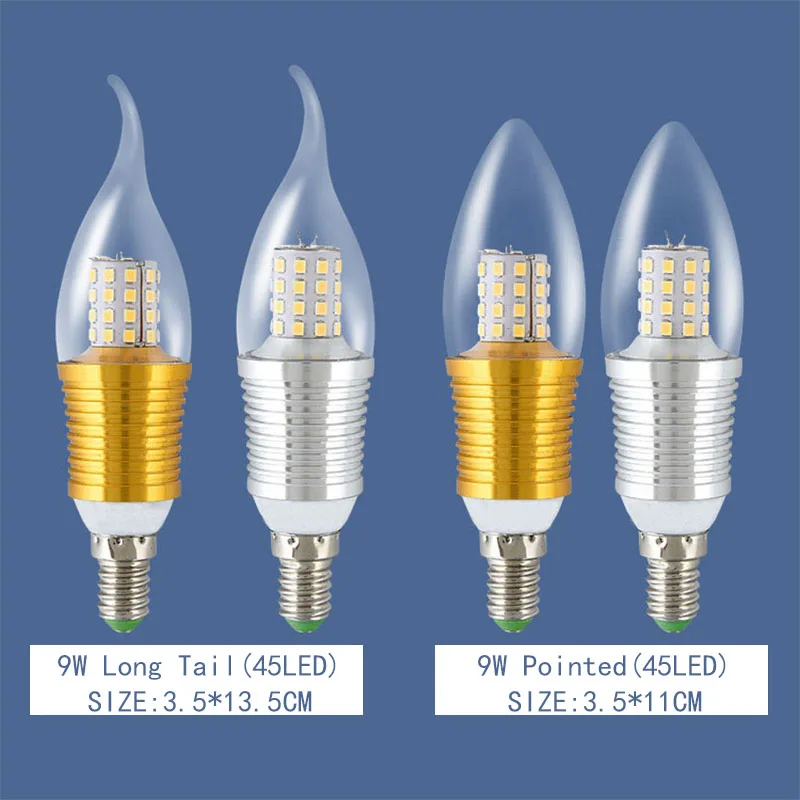 LED Bulb Candle E14 E27 5W 7W 9W 12W Silver Golden Aluminum light AC 220V Lamp Cool Warm White Lampada Bombillas Lumiere Lamp