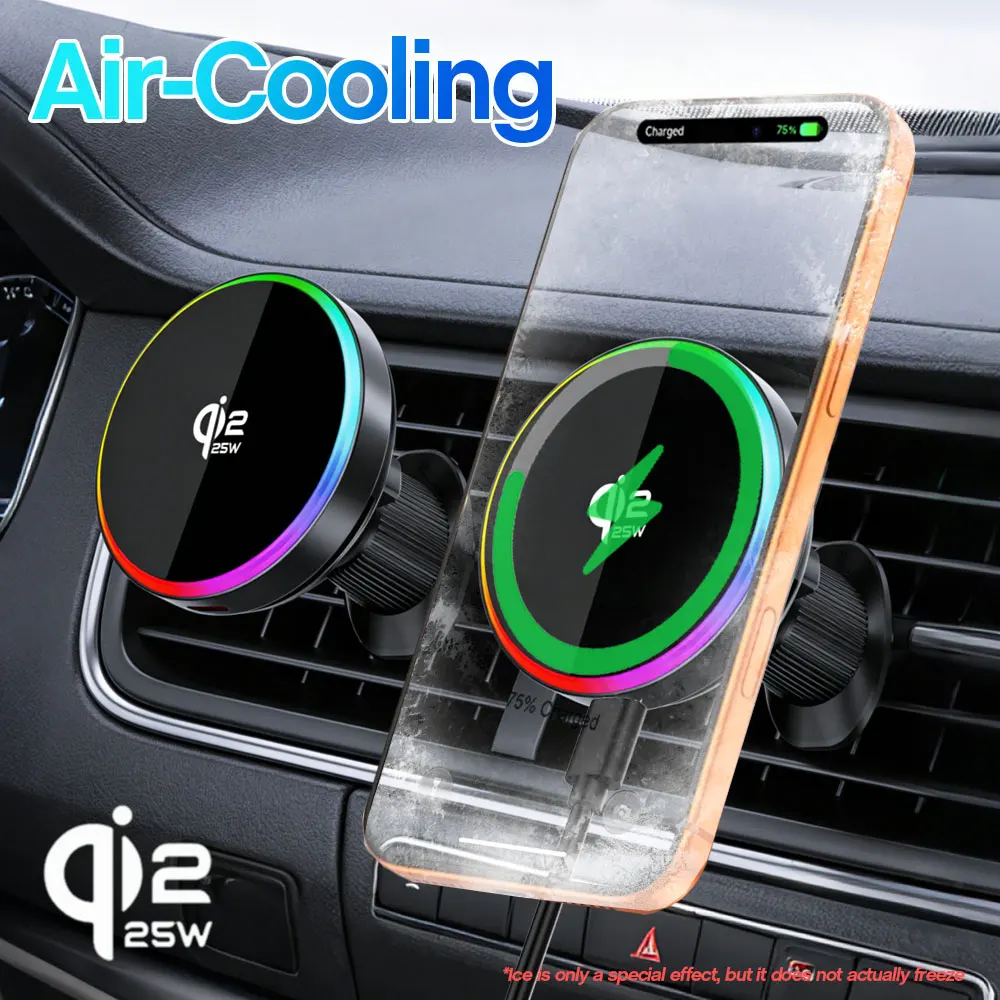 

Беспроводное магнитное зарядное устройство Qi2.2 25W для автомобиля с вентилятором охлаждения для быстрой зарядки Magsafe iPhone 17 16 15 14 13 12 Pro Max