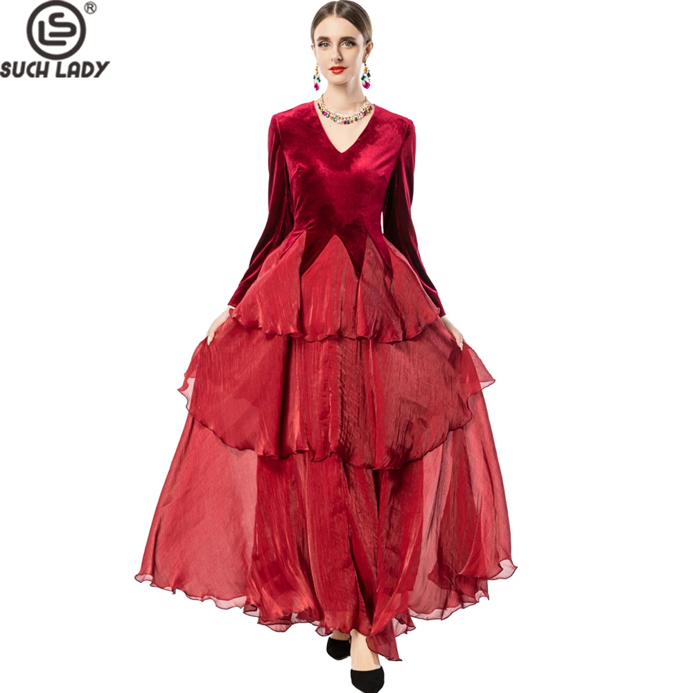 

Women's Red Velvet Long Sleeve Maxi Dress, V-neck Gown with Chiffon Ruffled Skirt & Matching Scarf, Elegant Evening Party Dress