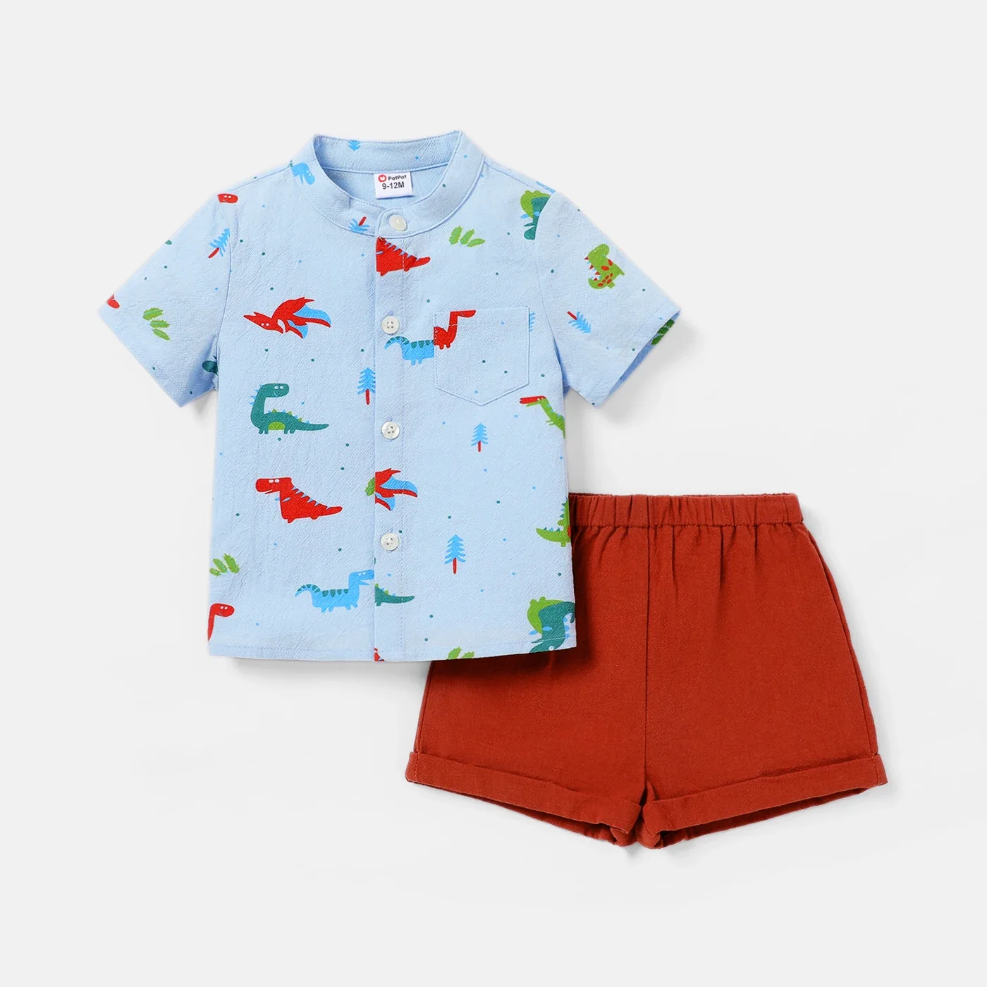 PatPat 2pcs Baby Boy 100% Cotton Short-sleeve Allover Dinosaur Print Shirt and Solid Shorts Set Soft and Comfortable