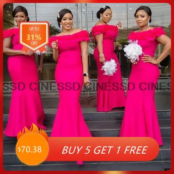 Fuchsia Bridesmaid Dresses Ruffles Off Shoulder African Women Mermaid Long Wedding Guest Party Dress Vestidos De Gala customized