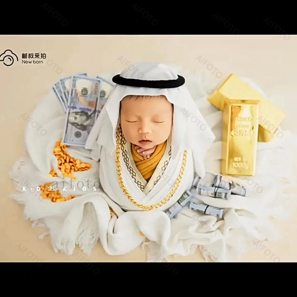 Newborn Photography Props Accessories Arab White Kerchief+Robe+Wraps Baby Photo Studio Shooting Clothes Headband Football Birth