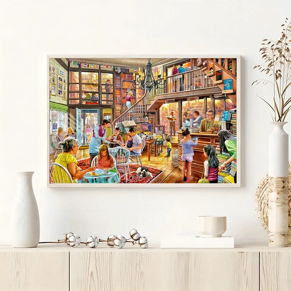 Puzzle per caffè libreria da 1000 pezzi: illustrazione vibrante della libreria accogliente con clienti, scaffali e scale, ideale per adulti e