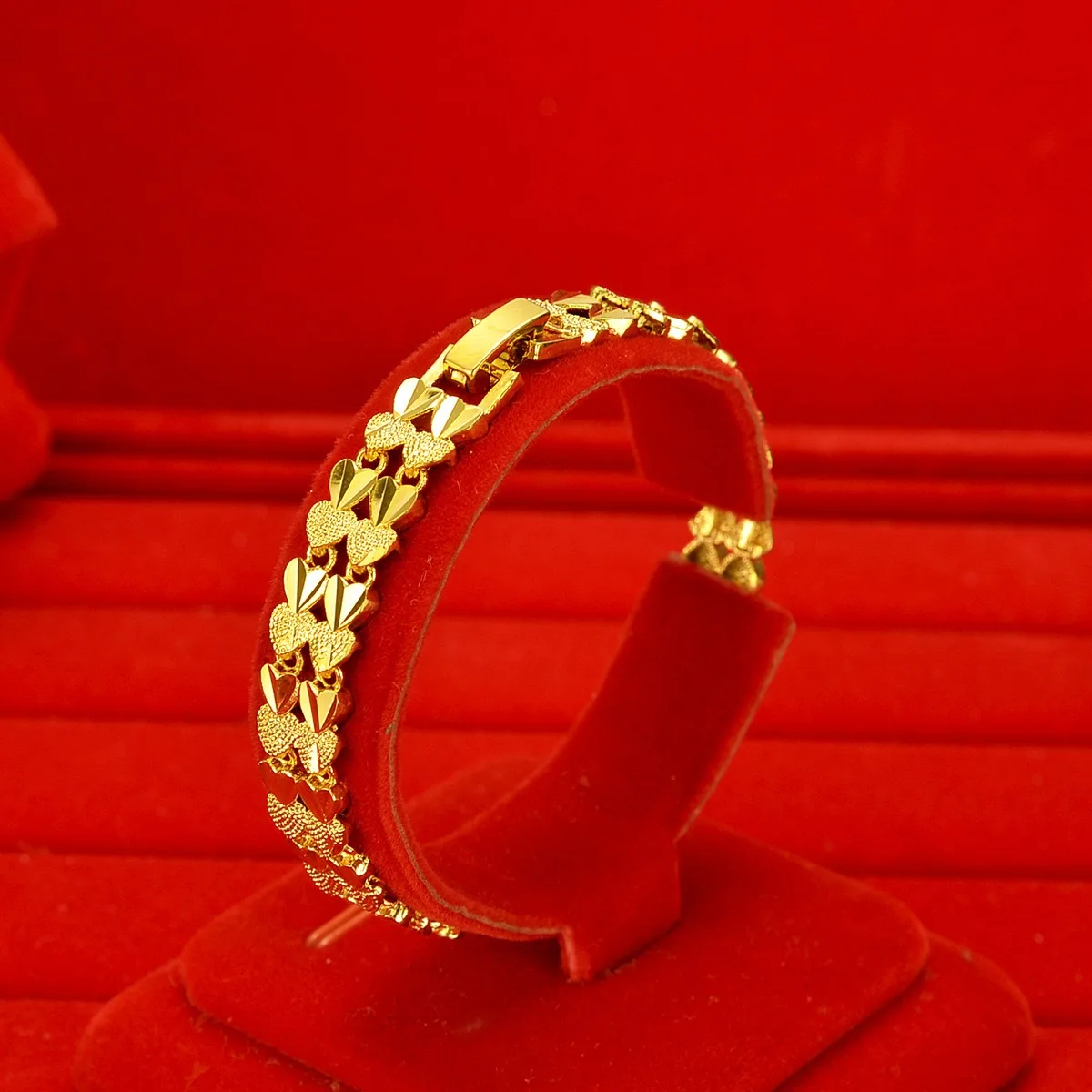 9999 pure gold 24K pure gold women's double-row heart-shaped open bracelet gold jewelry gift