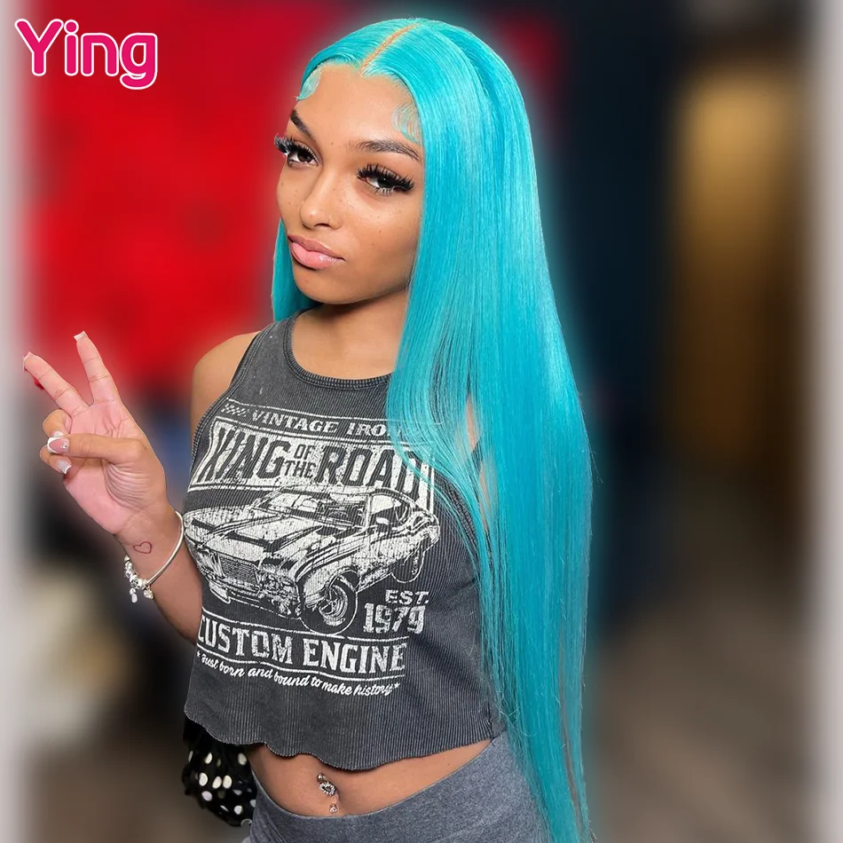 

Ying 180% Sky Blue Colored Bone Straight 13x6 Lace Frontal Human Hair Wig Brazilian Remy PrePlucked 4x4/5x5 Lace Closure Wig