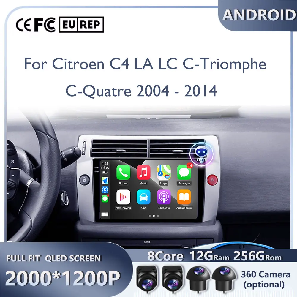 

Автомагнитола Android 16 с CarPlay для Citroen C4 C-Triomphe Quatre 2004-2014, навигация GPS, мультимедийный плеер, стерео, WiFi+4G, DSP, BT