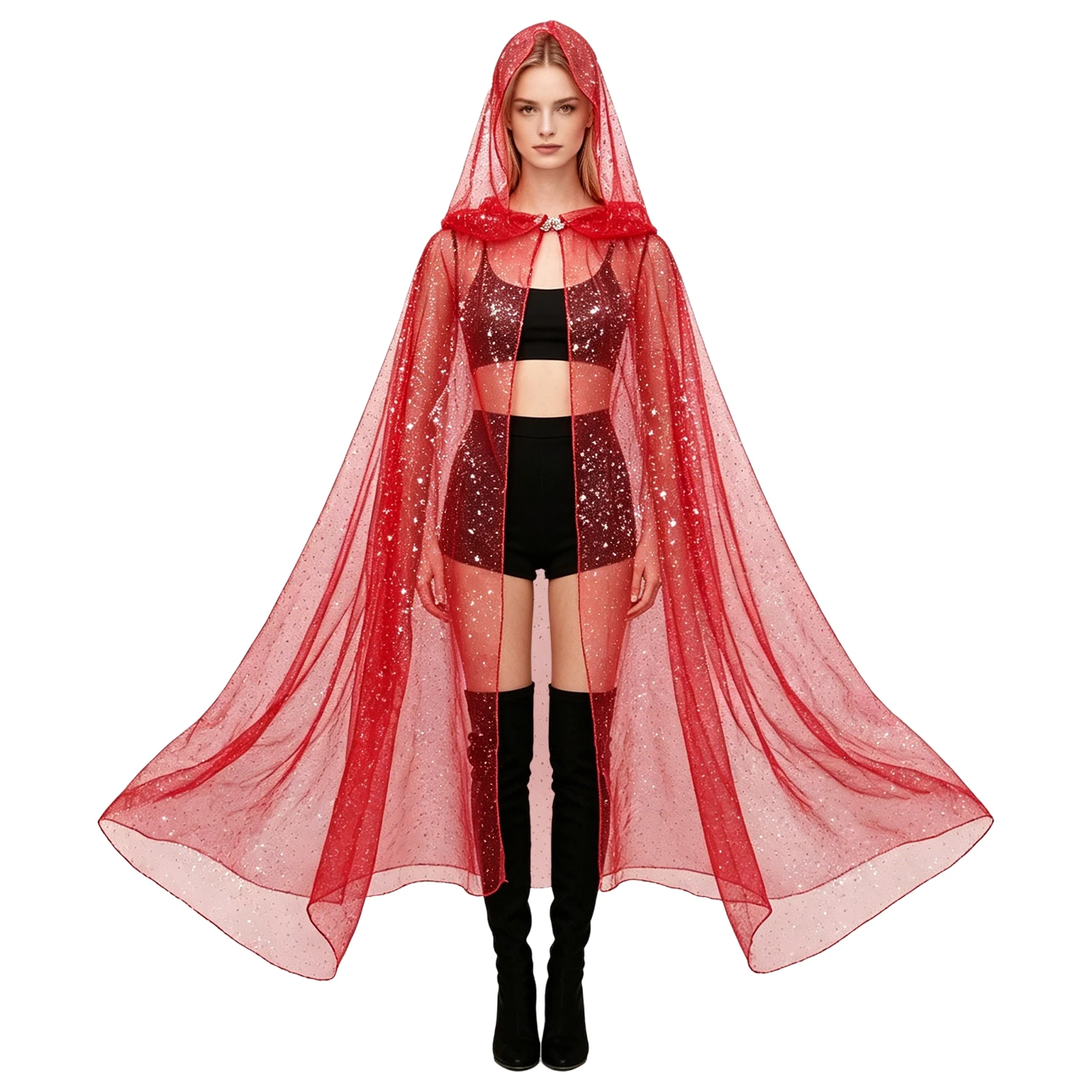 Women Long Sheer Hooded Star Mesh Tulle Cape Cloak with Rhinestone Clasp for Party Halloween Cosplay Stage Performance