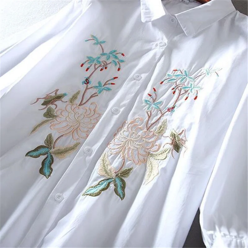 Embroidered Shirt For Women Blouses Summer Ethnic Style Top Loose Female Blous POLO Neck Button Up White Woman Clothes Shirts