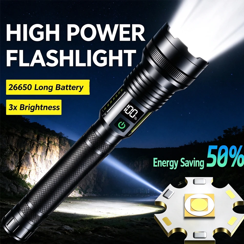 High Power Spotlight Long Range LED +Side COB Flashlight Type-C Rechargeable Telescopic Zoom Focusing Lamp Super Bright Tactical
