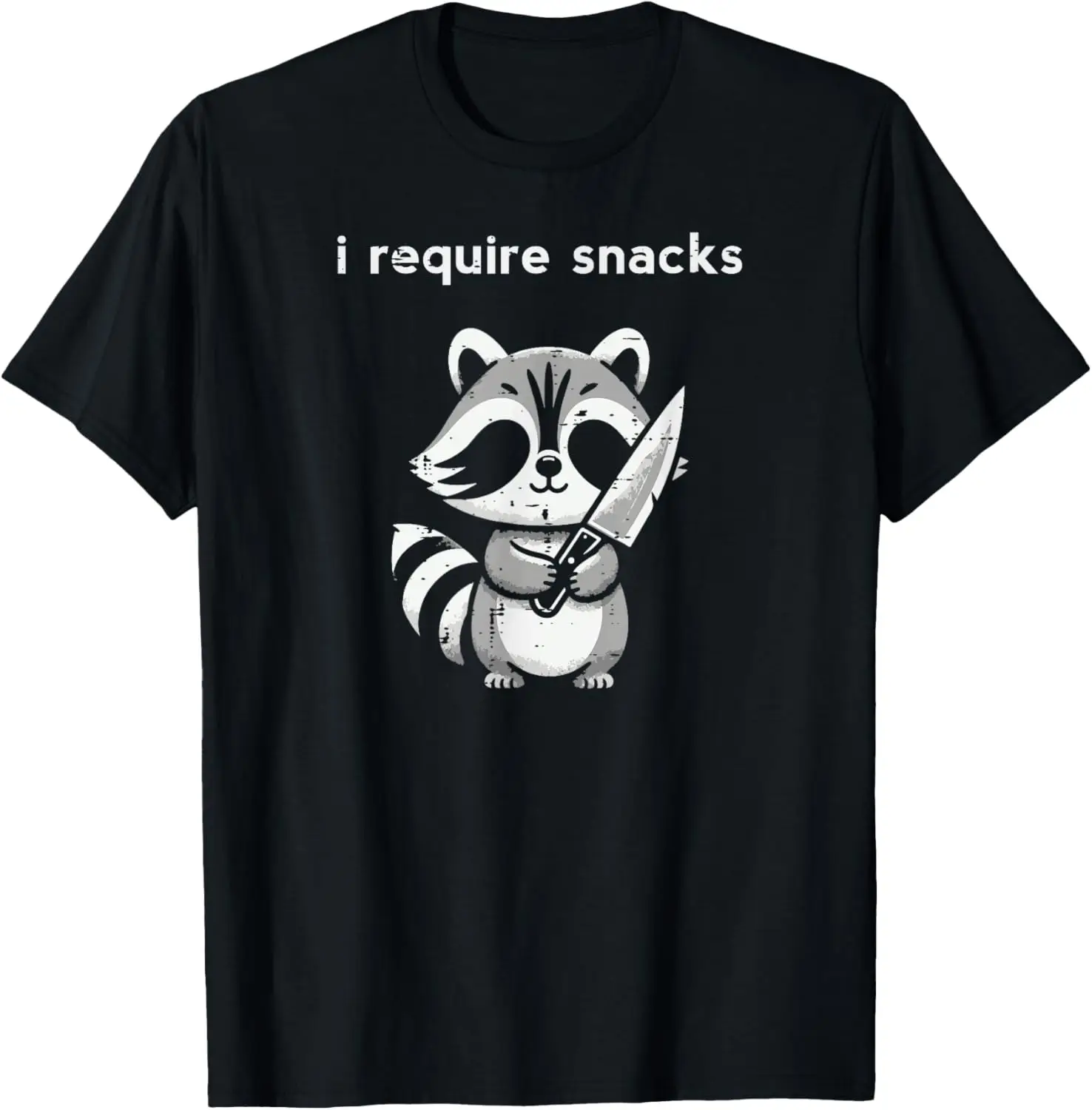 Raccoon Holding Knife I Require Snacks Funny Graphic Tee Casual Cotton T-Shirt for Men Women