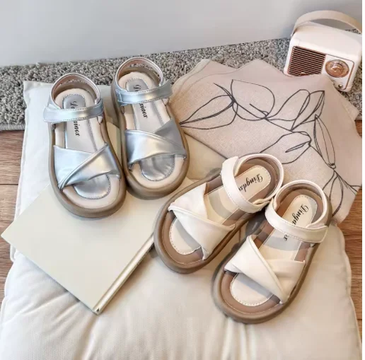

Children Summer Sandals Sliver Beige Pu Leather Platform Kids Sliders Concise Style Hook-loop Fashion Anti-slip Girl's Shoes