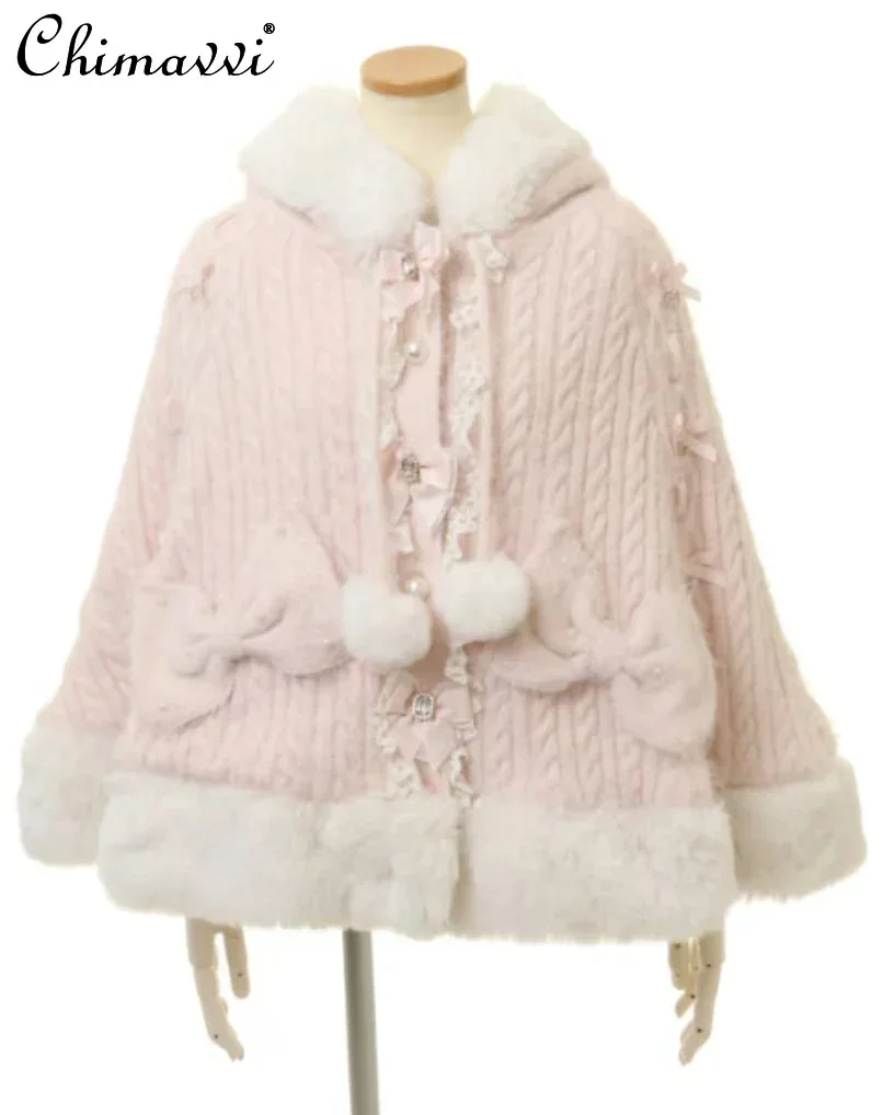 Autumn and Winter Japanese Liz Furry Knitted Cape Coat Sweet Girls Women Mine Series Cute Bow Princess Hooded Kawaii Lolita Coat