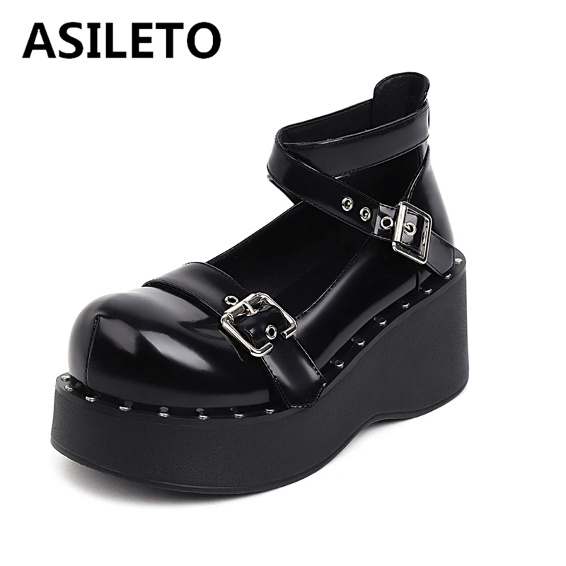 ASILETO Preppy Style Women Pumps Round Toe Wedges 6.5cm Platform shoes Buckle Strap Plus Size 41 42 43 Leisure Girls Shoes