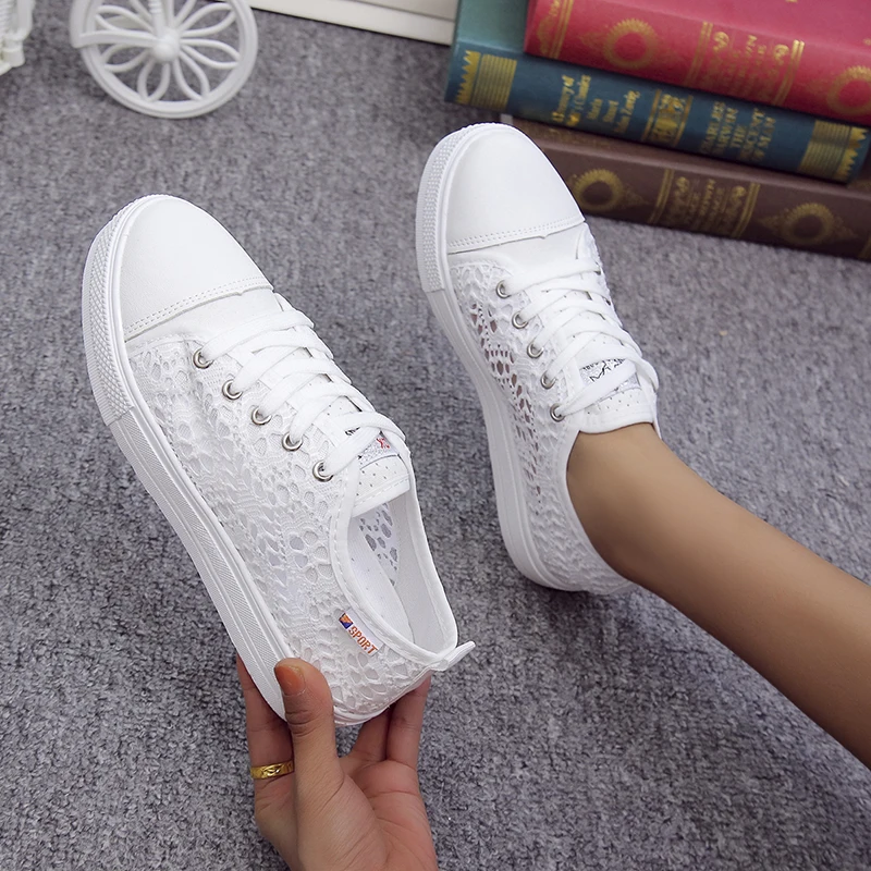 Women Shoes  Fashion Summer Casual White Shoes Cutouts Lace Canvas Hollow Breathable Platform Flat Shoes Woman Sneakers