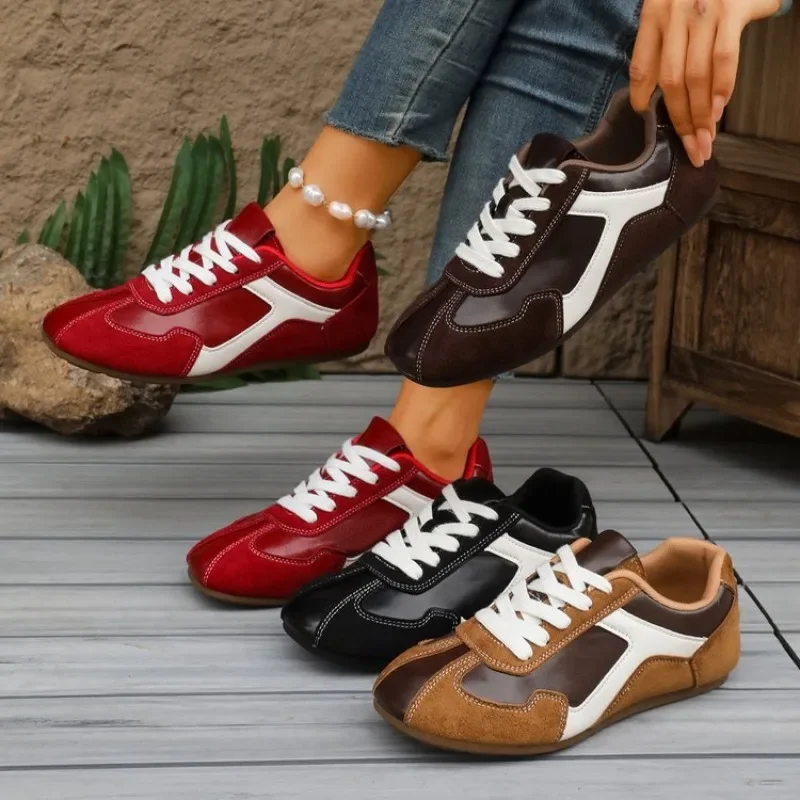 Women Retro Lace Up Sneakers Contrast Color Patchwork Flat Casual Shoes Low Top Lightweight Walking Shoes Autumn Daily Footwear